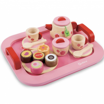 Set Montessori Pink de ceai cu desert, din lemn