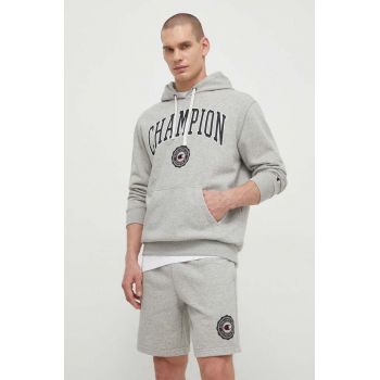 Champion bluză bărbați, culoarea gri, cu glugă, cu imprimeu 219830 de firma original