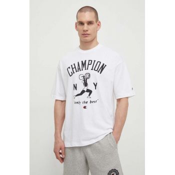 Champion tricou din bumbac bărbați, culoarea alb, cu imprimeu 219856 ieftin