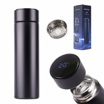 Cana termos smart, Ikonka, cu afisaj LED activat prin atingere, interior din otel inoxidabil, capacitate 500 ml, dimensiune 6.7 x 21.5 cm, Black