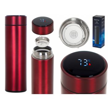 Cana termos smart, Ikonka, cu afisaj LED activat prin atingere, interior din otel inoxidabil, capacitate 500 ml, dimensiune 6.7 x 21.5 cm, Red