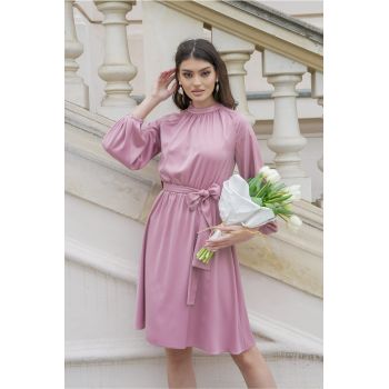 Rochie Dy Fashion roz pudra cu elastic si cordon in talie ieftina la reducere
