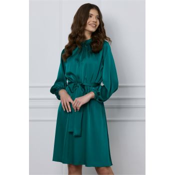 Rochie Dy Fashion verde smarald cu elastic si cordon in talie ieftina