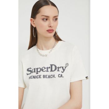 Superdry tricou din bumbac femei, culoarea bej de firma original