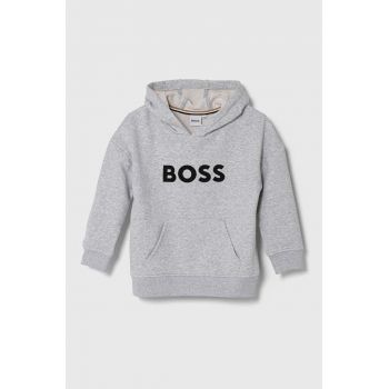 BOSS bluza copii culoarea gri, cu glugă, cu imprimeu de firma original