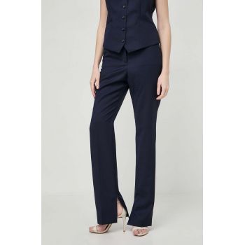 BOSS pantaloni de lână culoarea bleumarin, drept, high waist 50517807