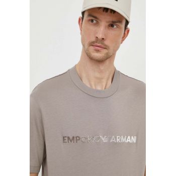 Emporio Armani tricou din bumbac barbati, culoarea bej, cu imprimeu