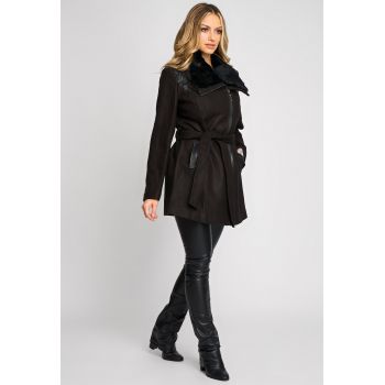 Palton dama negru Fancy cu guler din blana & detalii din piele eco ieftina