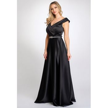 Rochie de ocazie lunga Astrid neagra din satin & curea ieftina