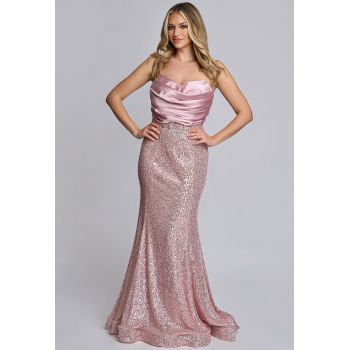 Rochie de ocazie lunga Mariah din paiete roz ieftina