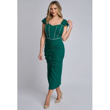 Rochie eleganta Anne verde cu fronseuri si crepeu ieftina