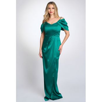 Rochie eleganta de seara Elin petrecuta verde din satin ieftina