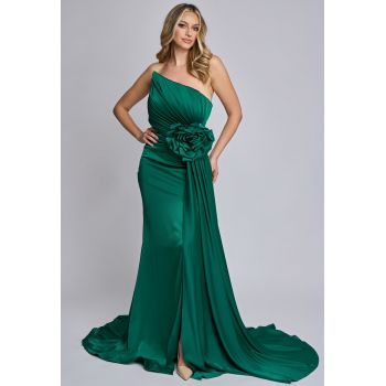 Rochie lunga de ocazie Luxury din tafta verde cu drapaje ieftina