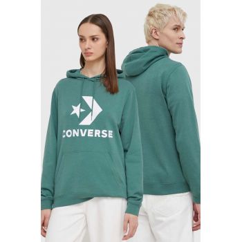 Converse bluza culoarea verde, cu glugă, cu imprimeu