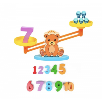 Joc Montessori Balanta matematicii cu Ursulet si Pestisori, din lemn