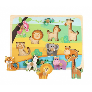 Puzzle incastru cu piese groase pentru copii Animale Salbatice de Savana, 9 piese, multicolor, din lemn