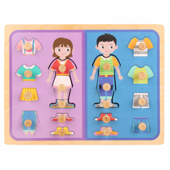 Puzzle incastru cu piese groase pentru copii Imbraca fata si baiatul, 18 piese, multicolor, din lemn