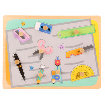 Puzzle incastru cu piese groase pentru copii Instrumente scolare, 9 piese, multicolor, din lemn