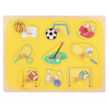 Puzzle incastru cu piese groase pentru copii Sporturi, 9 piese, multicolor, din lemn
