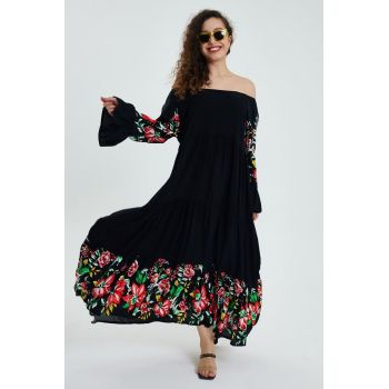 Rochie lunga neagra cu imprimeu floral, cu 4 volane, din vascoza ieftina