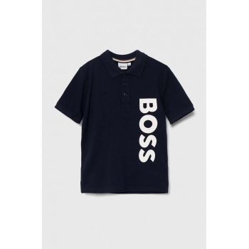 BOSS tricouri polo din bumbac pentru copii culoarea albastru marin, cu imprimeu ieftin