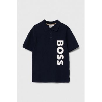 BOSS tricouri polo din bumbac pentru copii culoarea albastru marin, cu imprimeu ieftin