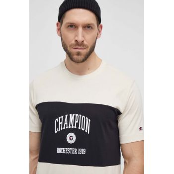 Champion tricou din bumbac barbati, culoarea bej, cu imprimeu, 219853 ieftin