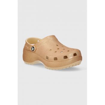 Crocs papuci Classic Platform Glitter Clog femei, culoarea auriu, cu platforma, 207241 de firma originali