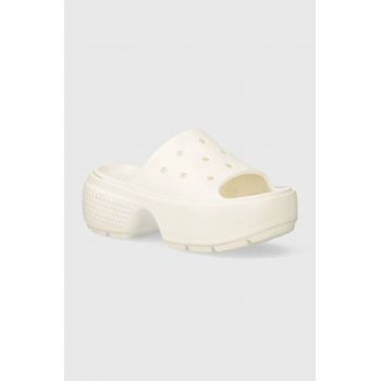 Crocs papuci Stomp Slide femei, culoarea bej, cu platforma, 209346