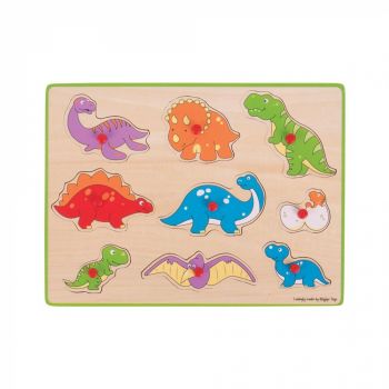 Puzzle din lemn incastru - Dinozauri, BIGJIGS Toys, 2-3 ani +