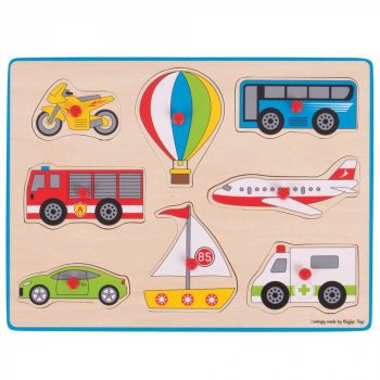 Puzzle din lemn incastru - Vehicule, BIGJIGS Toys, 2-3 ani +