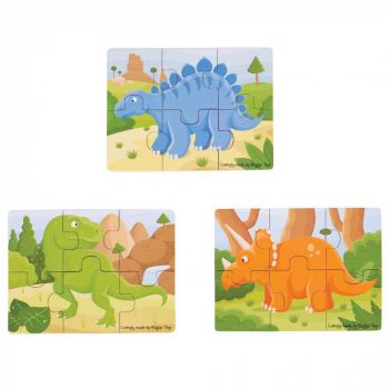 Set 3 puzzle din lemn - Dinozauri, BIGJIGS Toys, 2-3 ani +