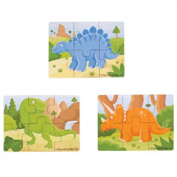 Set 3 puzzle din lemn - Dinozauri, BIGJIGS Toys, 2-3 ani +