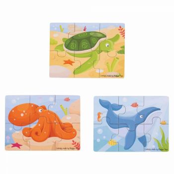 Set 3 puzzle din lemn - Lumea acvatica, BIGJIGS Toys, 2-3 ani +