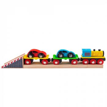Trenulet cu platforma auto, BIGJIGS Toys, 2-3 ani +