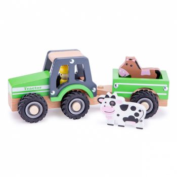 Tractor cu trailer si animale din lemn, New Classic Toys, 1-2 ani +