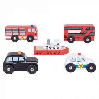 Set 5 vehicule din lemn, BIGJIGS Toys, 2-3 ani +