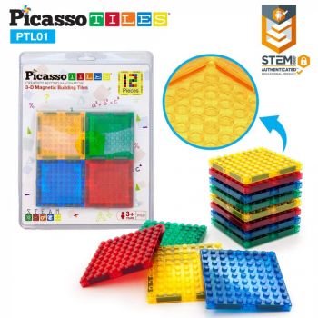 Picasso Tiles, Pachet Extensie 12 placi compatibile cuburi LEGO, +3 ani de firma originala
