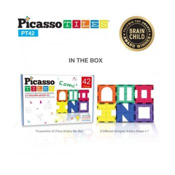 PicassoTiles, Set magnetic de construit de 42 de piese, 6 forme diferite, +3 ani de firma originala