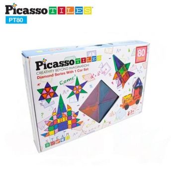 Set de construit Magnetic PicassoTiles 80 de piese cu o masinuta, + 3 ani