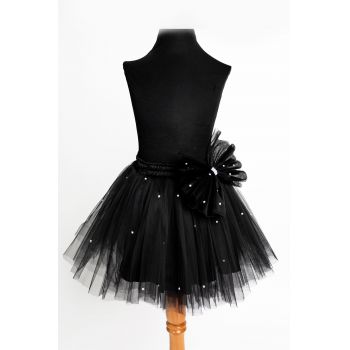 Fusta Tulle Fete cu Funda si Jumatati de Perle, Negru, Malika Fashion