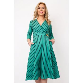 Rochie Dama Ilinca - Verde, Cu Buzunare si Dungi Negre