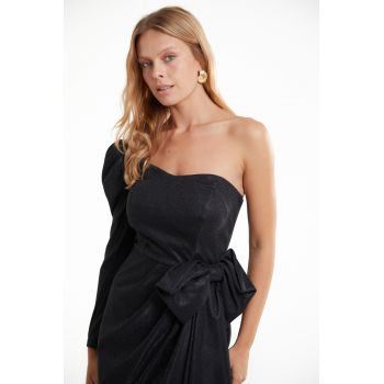 Rochie neagra eleganta mini cu o singura maneca Erica