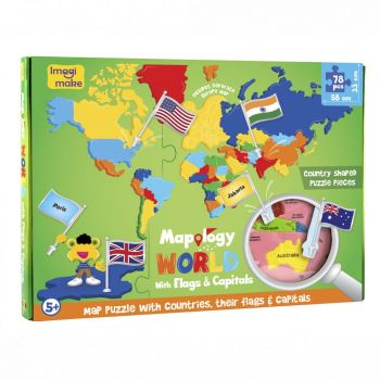 Puzzle Educativ din Spuma EVA - Harta Lumii cu Steaguri si Capitale, Imagimake, 5 ani+
