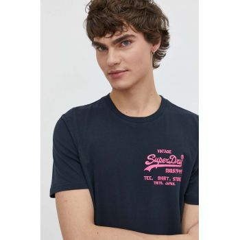 Superdry tricou din bumbac barbati, culoarea albastru marin, cu imprimeu