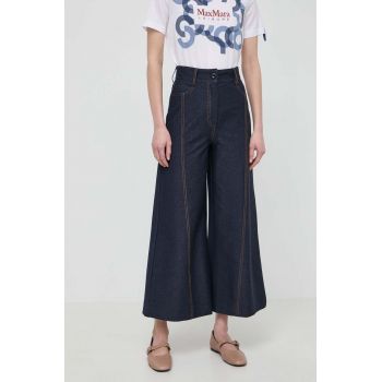 Max Mara Leisure pantaloni femei, culoarea albastru marin, lat, high waist