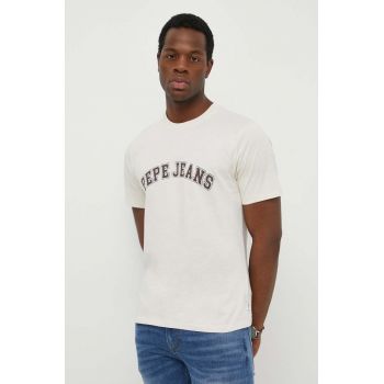 Pepe Jeans tricou din bumbac barbati, culoarea bej, cu imprimeu