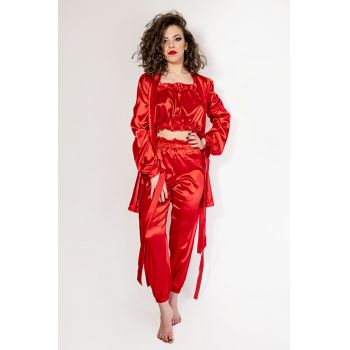 Pijama Satin Dama Luna - Halat, Maiou Si Pantaloni Lungi By Malika Fashion