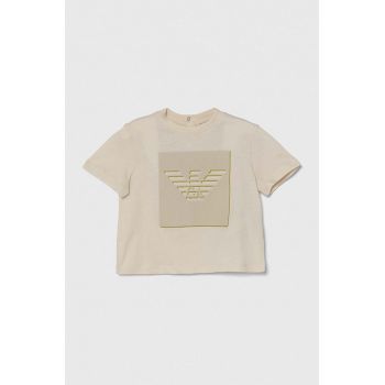 Emporio Armani tricou din bumbac pentru bebelusi culoarea bej, cu imprimeu
