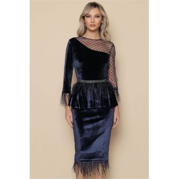 Rochie eleganta din catifeasi tull la bust bleumarin cu pene si peplum ieftina